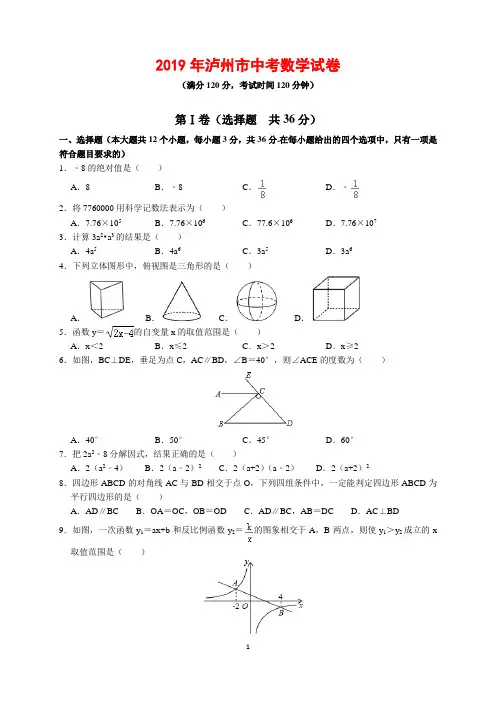 2019年四川省泸州市中考数学试题及参考答案(word解析版)