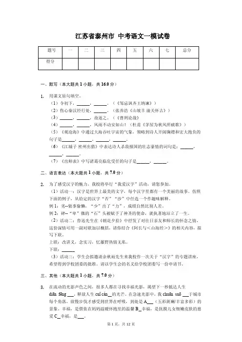 江苏省泰州市 中考语文一模试卷