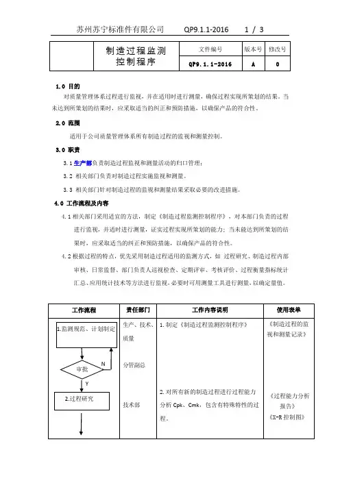 QP9.1.1-2016制造过程监测控制程序