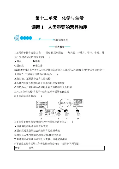 人教版九年级化学下册第12单元课题1人类重要的营养物质练习含答案