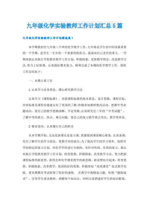 九年级化学实验教师工作计划汇总5篇