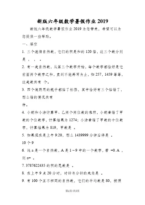 新版六年级数学暑假作业