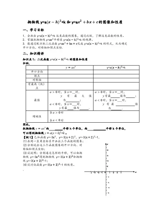 人教版九年级数学第二十二章二次函数考点例析(三)---抛物线y=a(x-h)^2+k和y=ax^2+bx+c的图像和性质