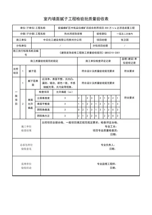 室内墙面腻子工程检验批质量验收表
