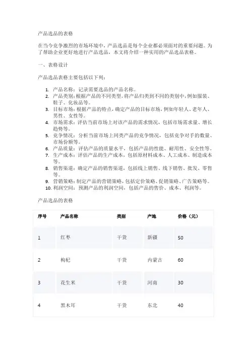 产品选品的表格