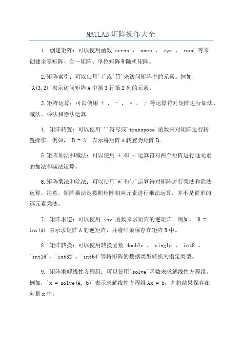 MATLAB矩阵操作大全