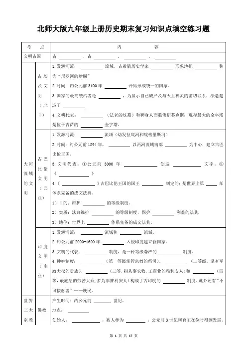 北师大版九年级上册历史期末复习知识点填空练习题
