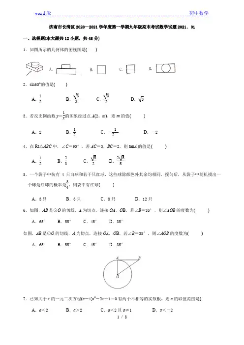 山东省济南市长清区2020-2021学年九年级上学期期末考试数学试卷(Word,无答案)