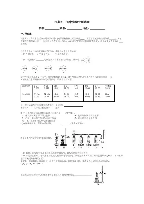 江苏初三初中化学专题试卷带答案解析
