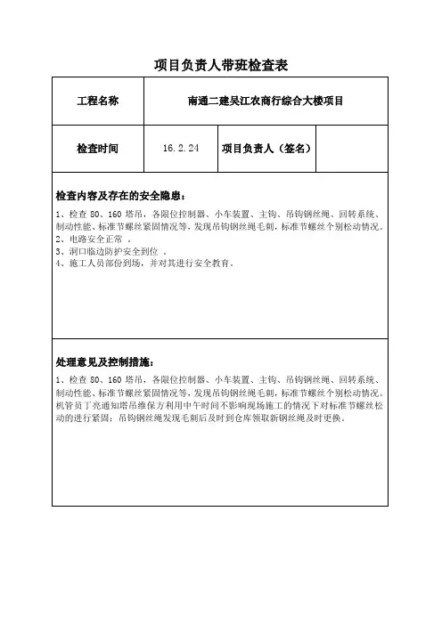 项目负责人带班检查表