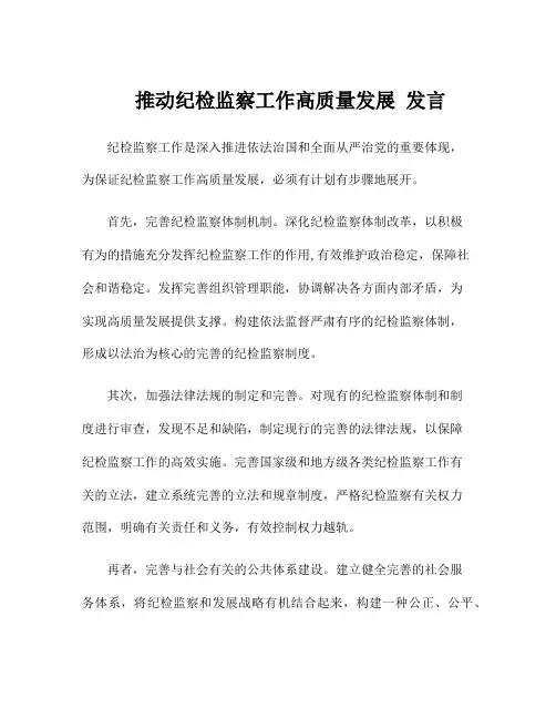 推动纪检监察工作高质量发展 发言
