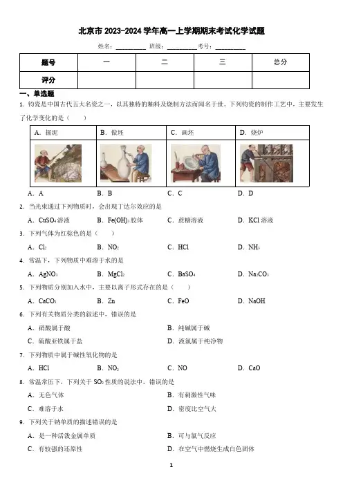 北京市昌平区2023-2024学年高一上学期期末考试化学试题(含答案)