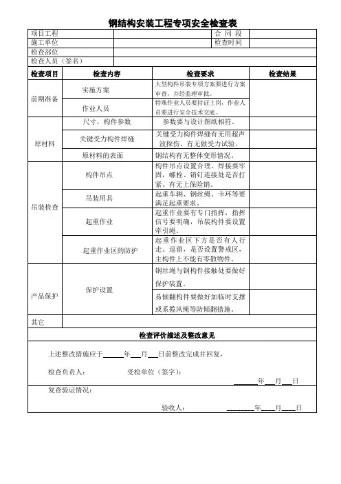 钢结构安装工程专项安全检查表