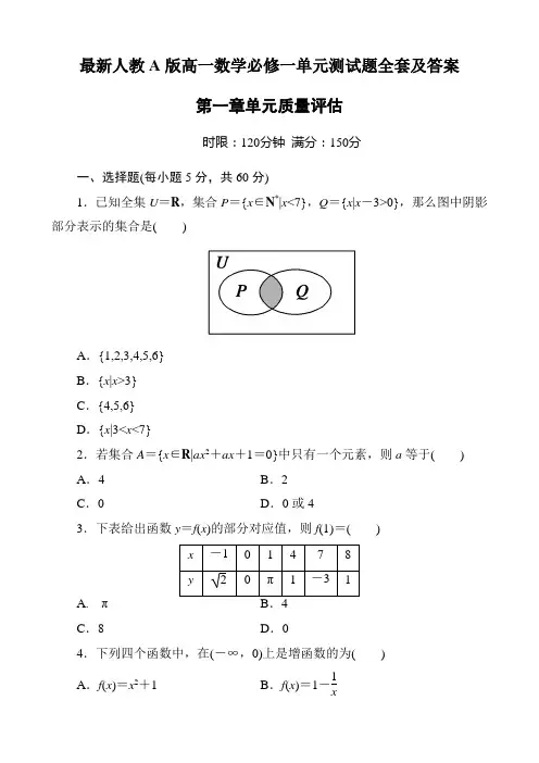 最新人教A版高一数学必修一单元测试题全套及答案