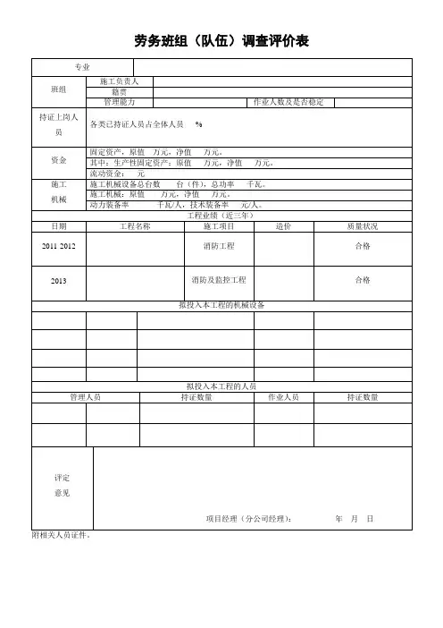 劳务班组(队伍)调查评价表