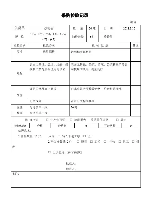 采购产品检验记录