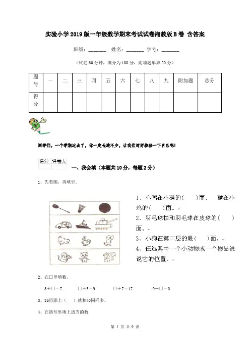 实验小学2019版一年级数学期末考试试卷湘教版B卷 含答案
