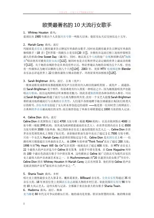 欧美最著名的10大流行女歌手