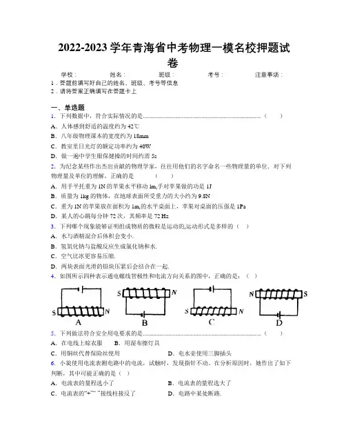 2022-2023学年青海省中考物理一模名校押题试卷附解析