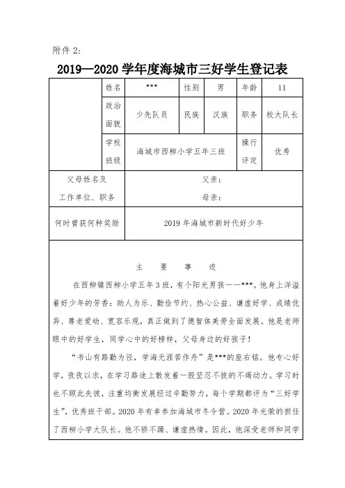 2020年市三好学生登记表