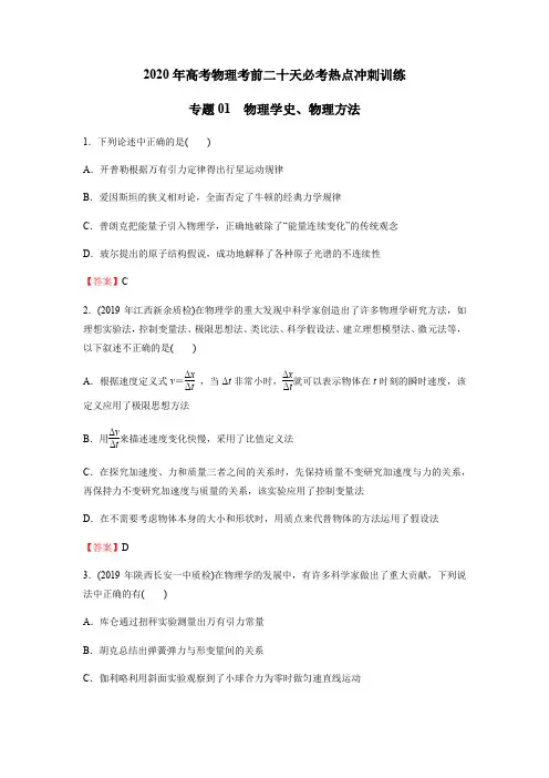 2020年高考物理考前二十天必考热点冲刺训练专题01 物理学史、物理方法(包含答案)