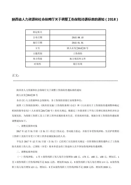 陕西省人力资源和社会保障厅关于调整工伤保险待遇标准的通知（2018）-陕人社发[2018]25号