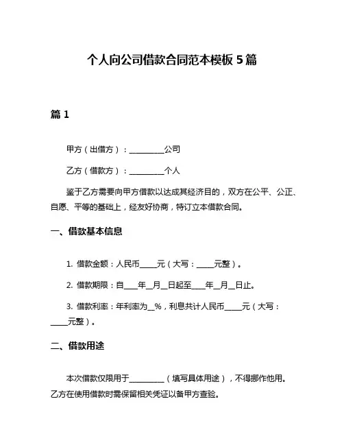 个人向公司借款合同范本模板5篇
