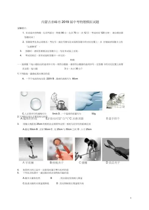 内蒙古赤峰市2019届中考物理模拟试题含答案