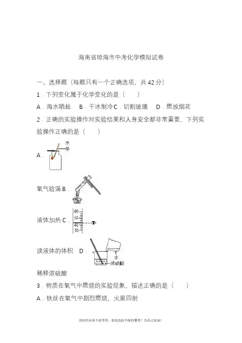 2020—2021年最新海南省中考化学仿真模拟试题及答案解析一.docx