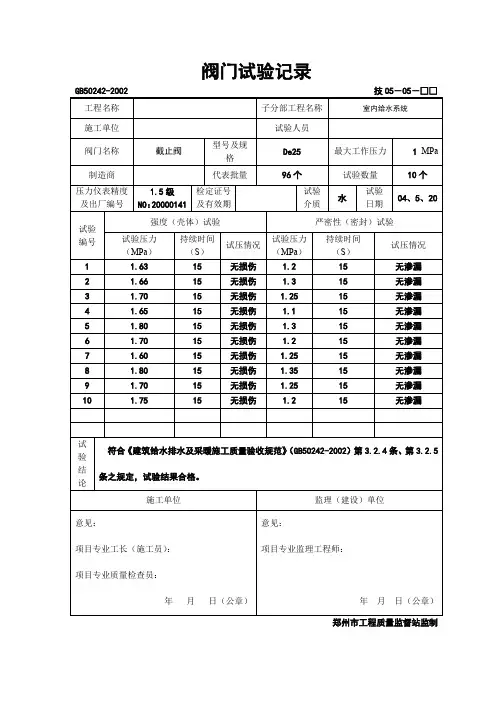 阀门试验记录