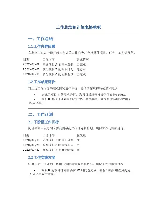 工作总结和计划表格模板