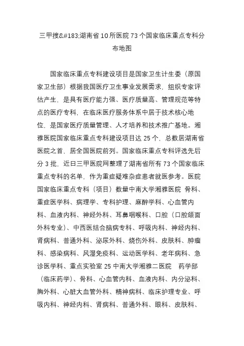 三甲搜湖南省10所医院73个国家临床重点专科分布地图