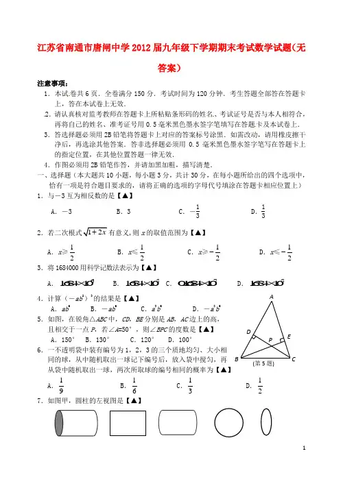 江苏省南通市唐闸中学2012届九年级数学下学期期末考试试题(无答案)