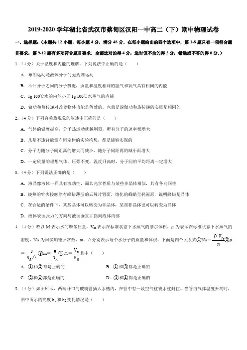 2019-2020学年湖北省武汉市蔡甸区汉阳一中高二(下)期中物理试卷