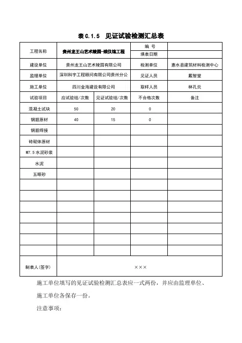 见证试验检测汇总表