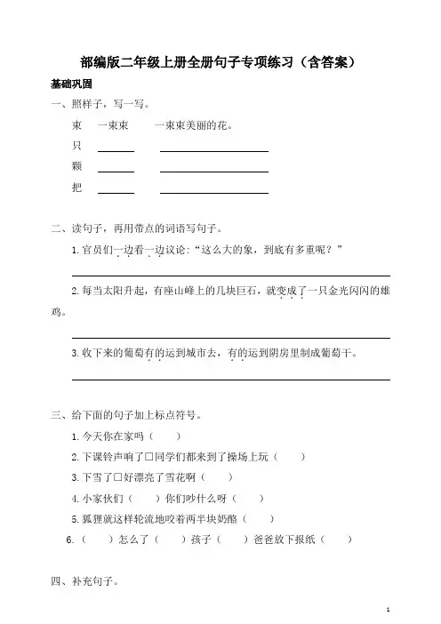新部编版二年级上册全册句子专项练习(含答案)