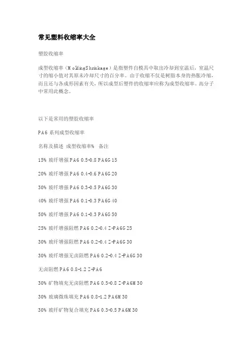 常见塑料收缩率大全