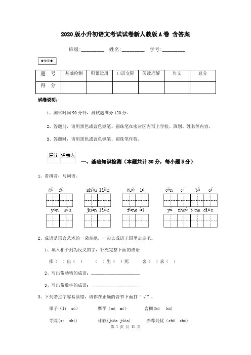 2020版小升初语文考试试卷新人教版A卷 含答案