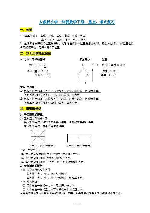 人教版小学一年级数学下册-知识点-重难点-题目类型-归纳总结-完整