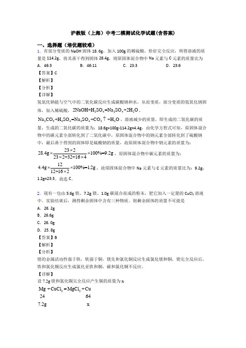 沪教版(上海)中考二模测试化学试题(含答案)