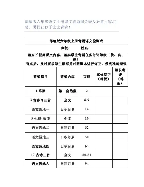 部编版六年级语文上册课文背诵闯关表及必背内容汇总读读背背
