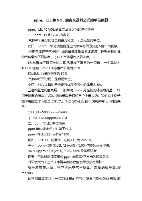 ppm、LEL和VOL的含义及其之间的单位换算