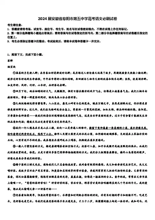 2024届安徽省阜阳市第五中学高考语文必刷试卷含解析