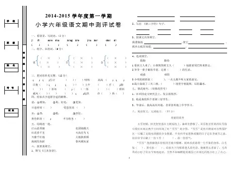 六年级语文2014-2015第一学期期中试卷