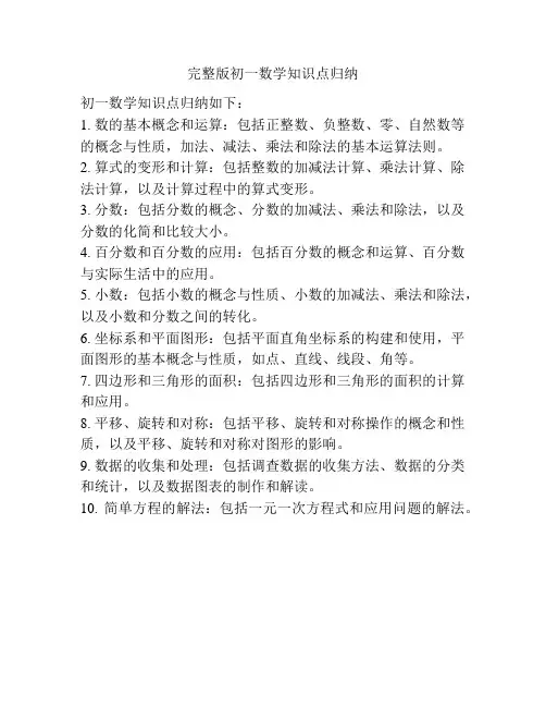 完整版初一数学知识点归纳