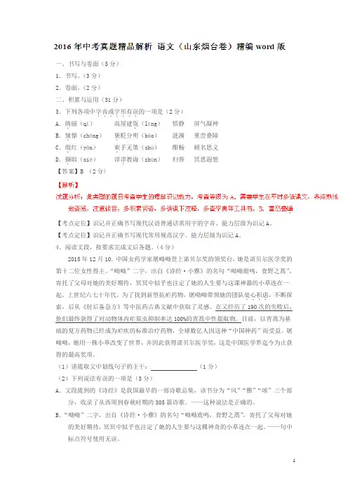 山东烟台2016中考试题语文卷(解析版)