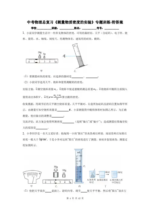 中考物理总复习《测量物质密度的实验》专题训练-附答案