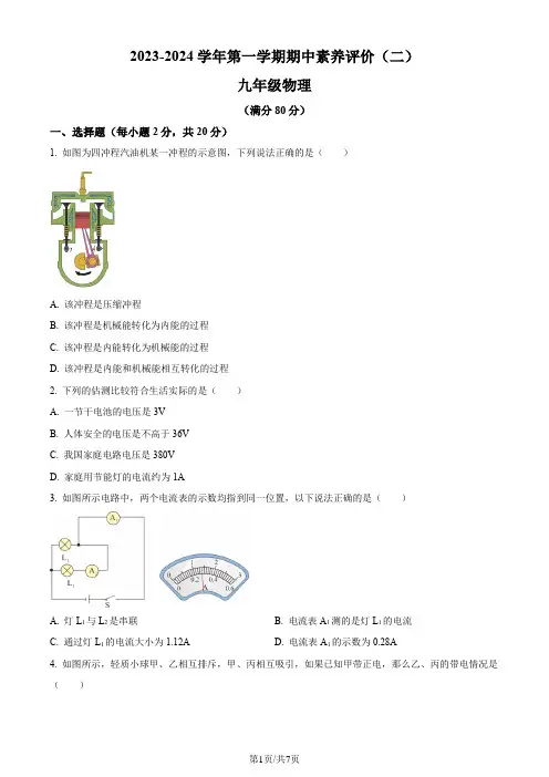 2023-2024学年九年级上学期10月期中物理试题(原卷版)