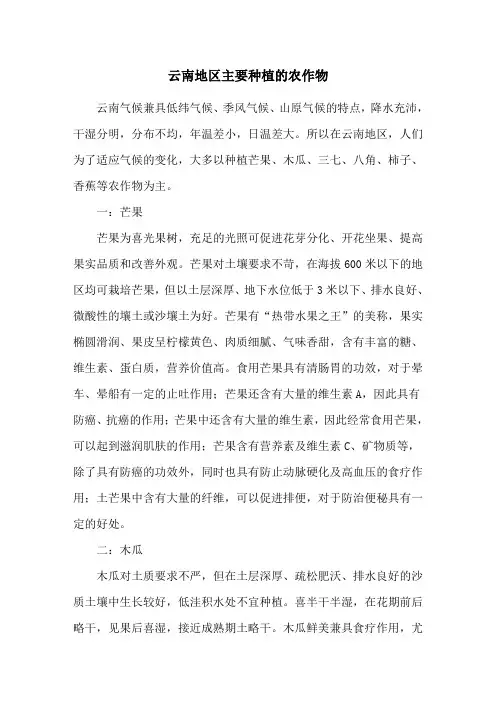 云南地区主要种植的农作物