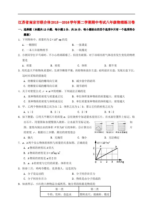 江苏省南京市联合体2015—2016学年八年级物理下学期期中练习试题苏科版